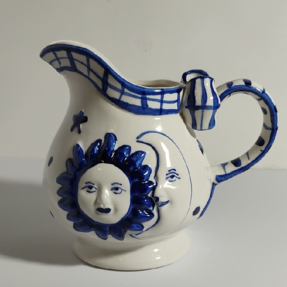 Vintage 90'sBlue and White Ceramic Milk Pitcher with Sun and Moon Design